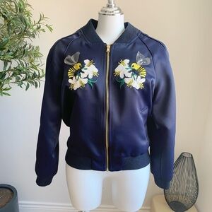 Navy Satin Bomber Jacket w/ Bee Embroidery | M